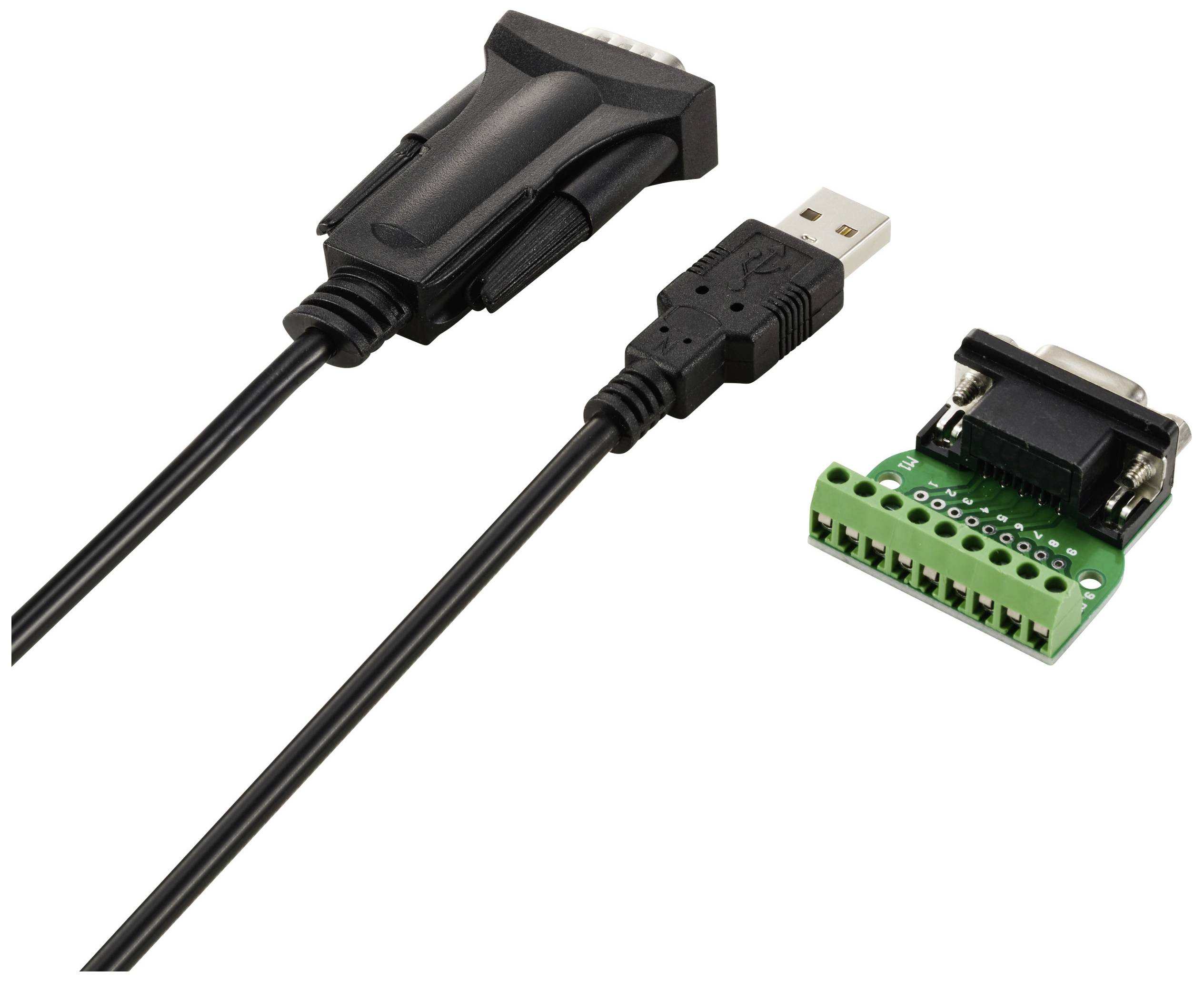 'Ein USB-zu-RS232-Kabel und ein RS232-Klemmenadapter. Der Kabelstecker ist mit einem Computer oder Gerät verbindbar.'