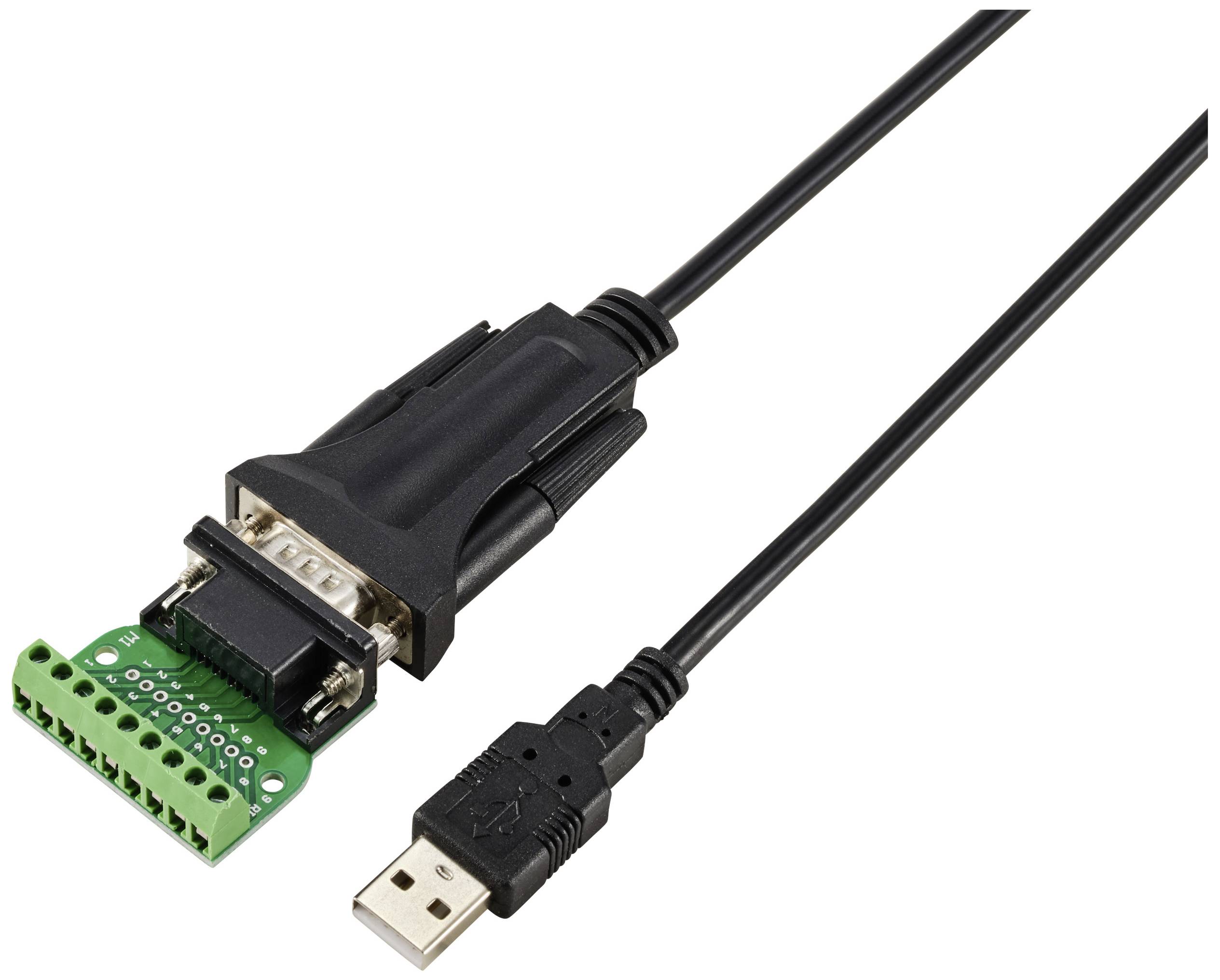 USB-zu-Seriell-Kabeladapter mit schwarzem Stecker und grünem Anschlussblock, geeignet für den Anschluss von Geräten über USB oder RS-232.