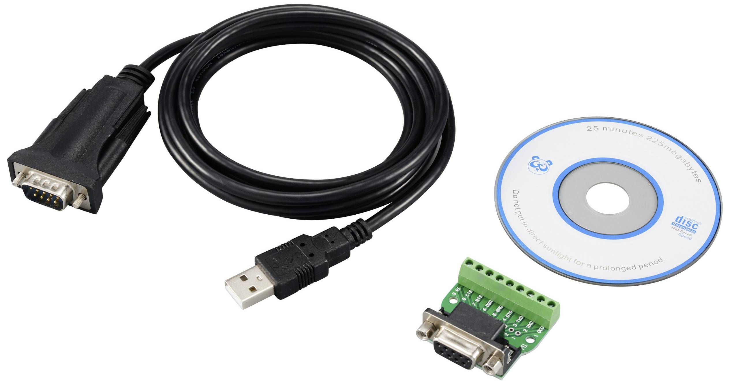 'Schnittstellenkonverter-Set mit RS232-Adapter, USB-Kabel und Installations-CD.'