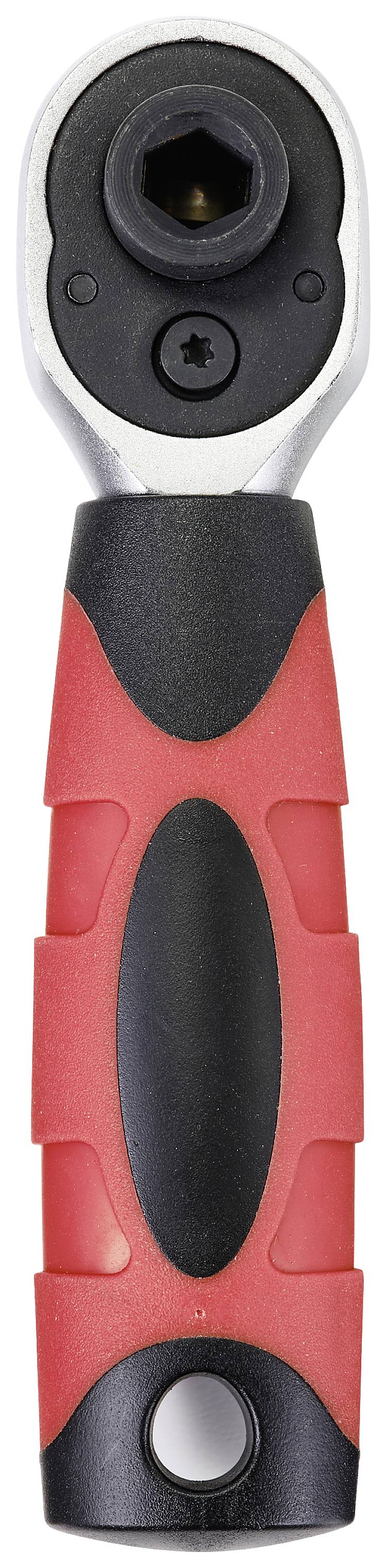 Ein rotes und schwarzes Ratschenwerkzeug mit ergonomischem Griff, das zum Festziehen von Schrauben und Muttern verwendet wird.