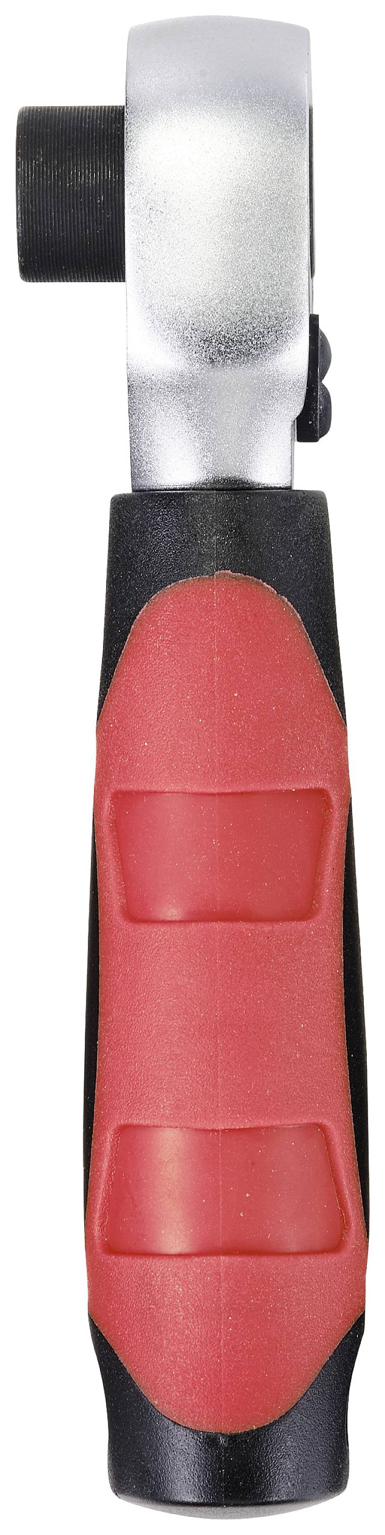 Ratschenschlüssel mit rotem Griff, vertikal ausgerichtet. Metallkopf zeigt nach oben, bietet Halt und Hebelwirkung für Schraubarbeiten.