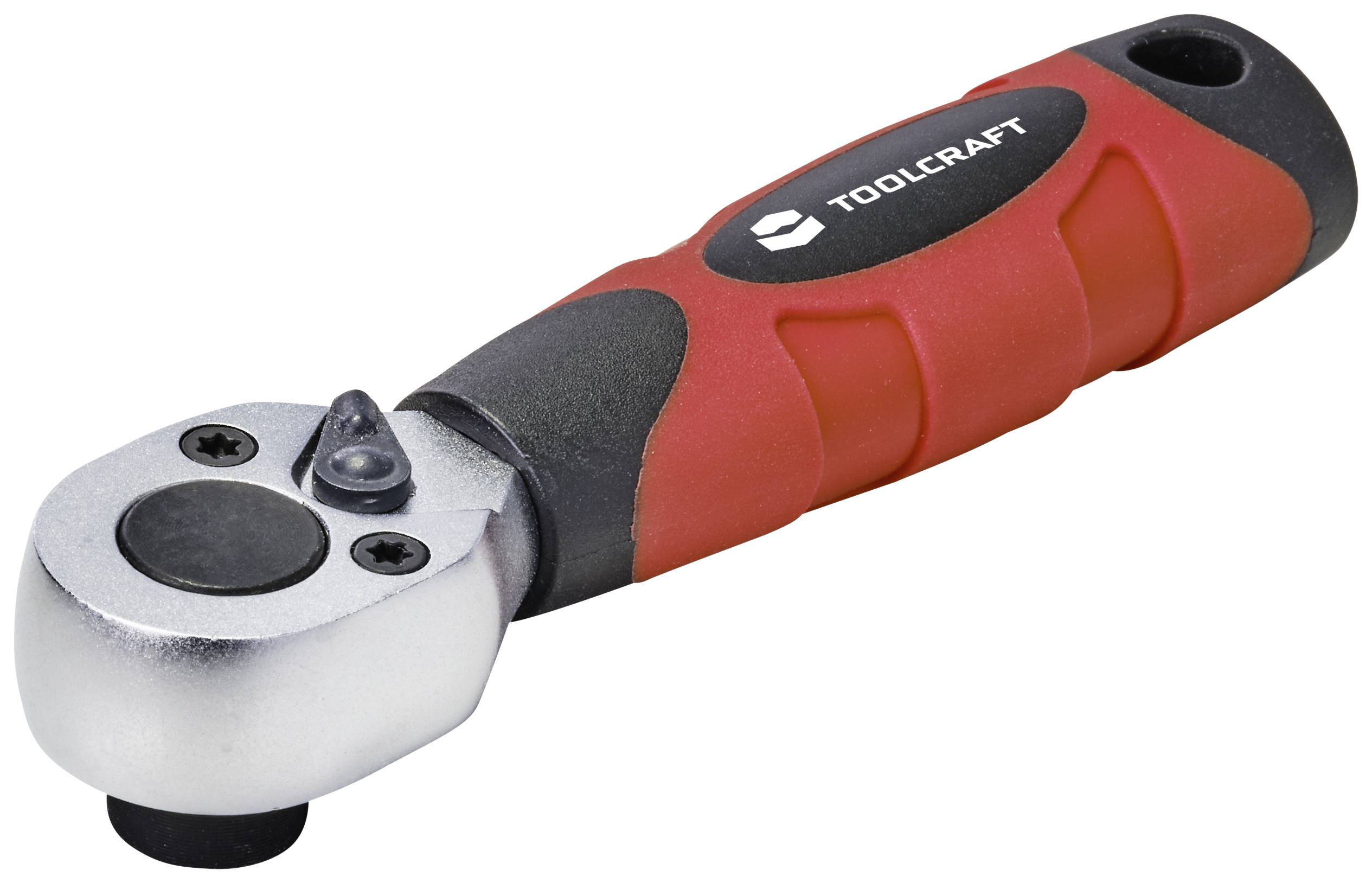 Ratsche mit rotem Griff und Metallkopf. Werkzeug-Logo oben auf dem Griff sichtbar.