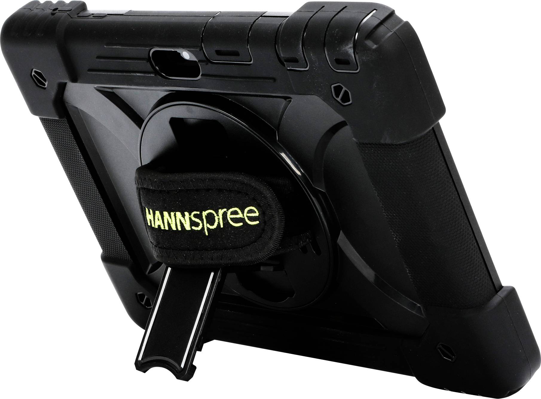 Ein robustes Tablet mit einem drehbaren Ständer und einem Tragegriff, markiert mit 'HANNspree', das sichere Handhabung ermöglicht.