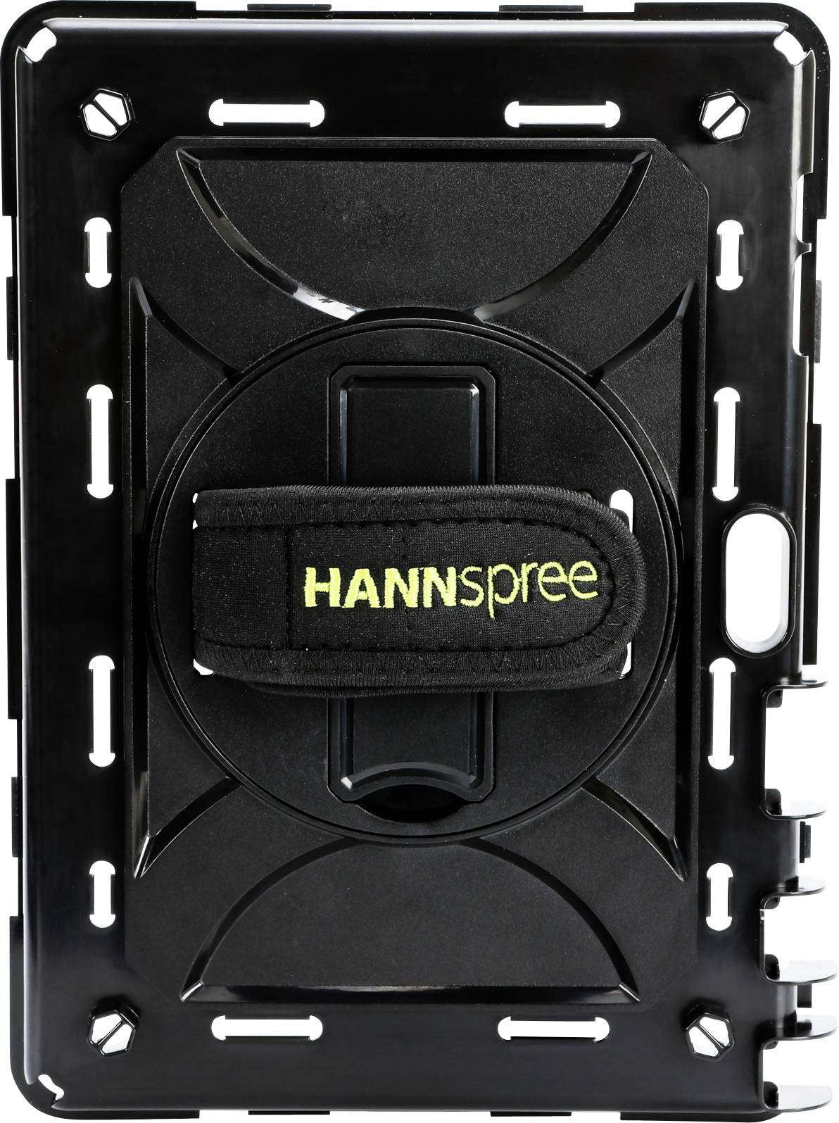 Schwarze, robuste Tablet-Hülle mit drehbarem Standfuß und Tragegriff. Markentext 'HANNspree' in Gelb auf dem Griff.