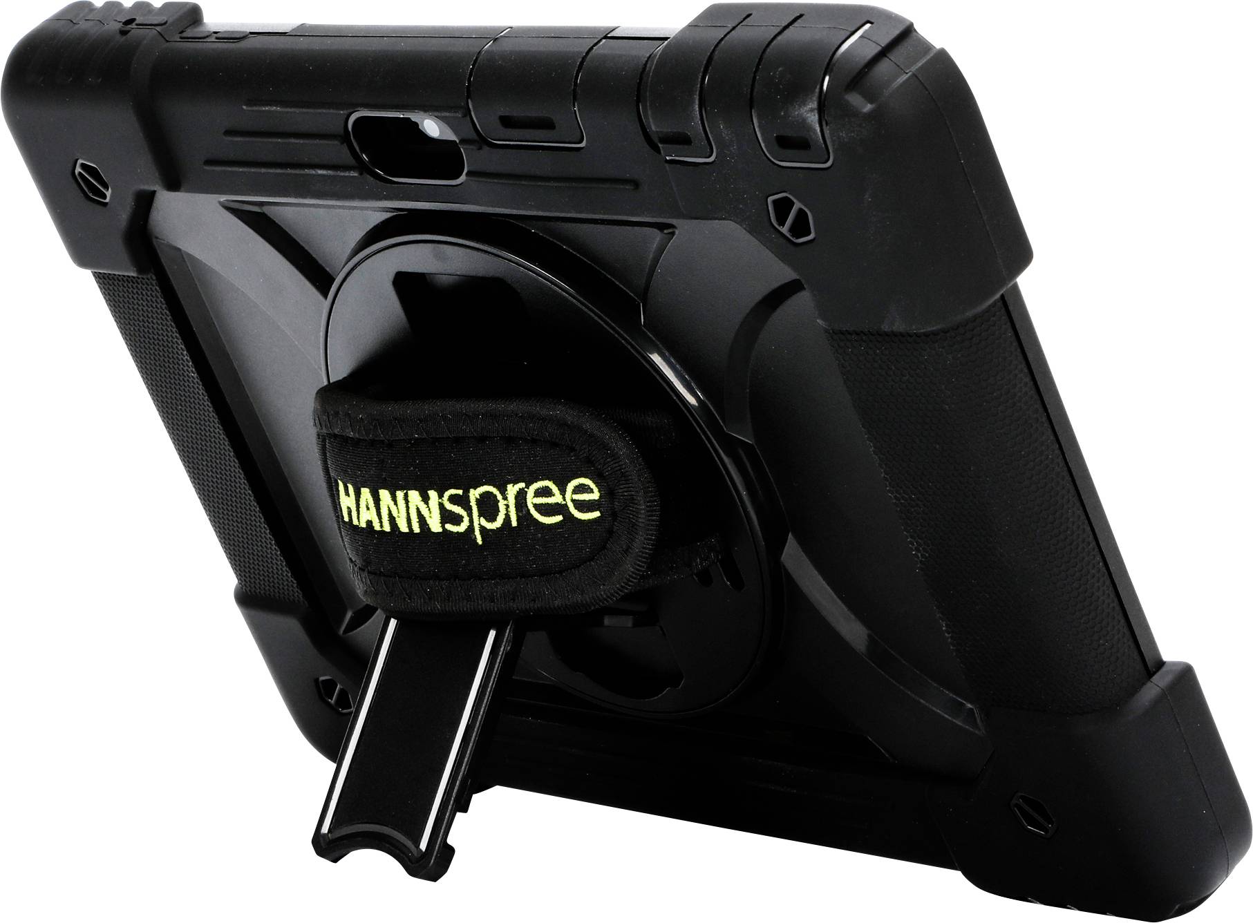 Ein robustes schwarzes Tablet-Gehäuse mit integriertem Ständer und einer Handschlaufe, auf der 'Hannspree' steht.