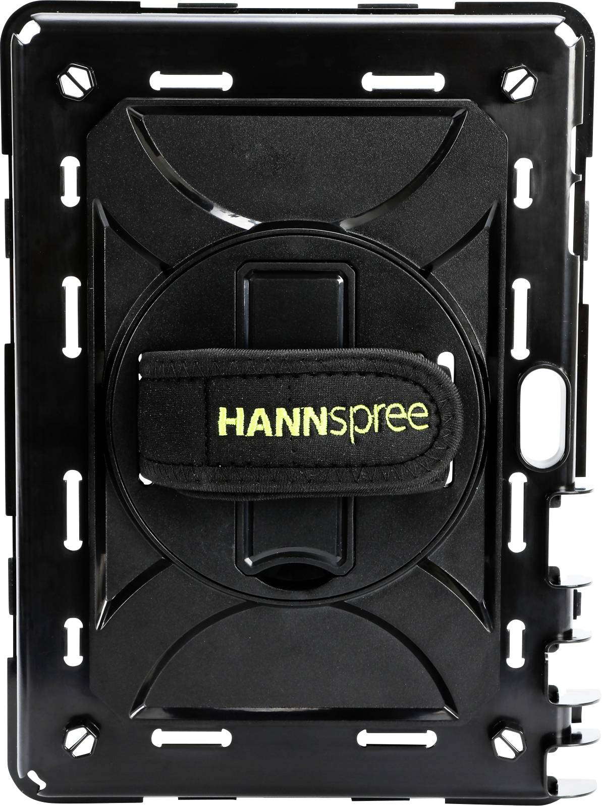 Schwarzes Tablet-Gehäuse mit Handriemen. Aufschrift 'Hannspree' in Gelb auf dem Riemen. Gehäuse bietet Griffigkeit und Schutz.