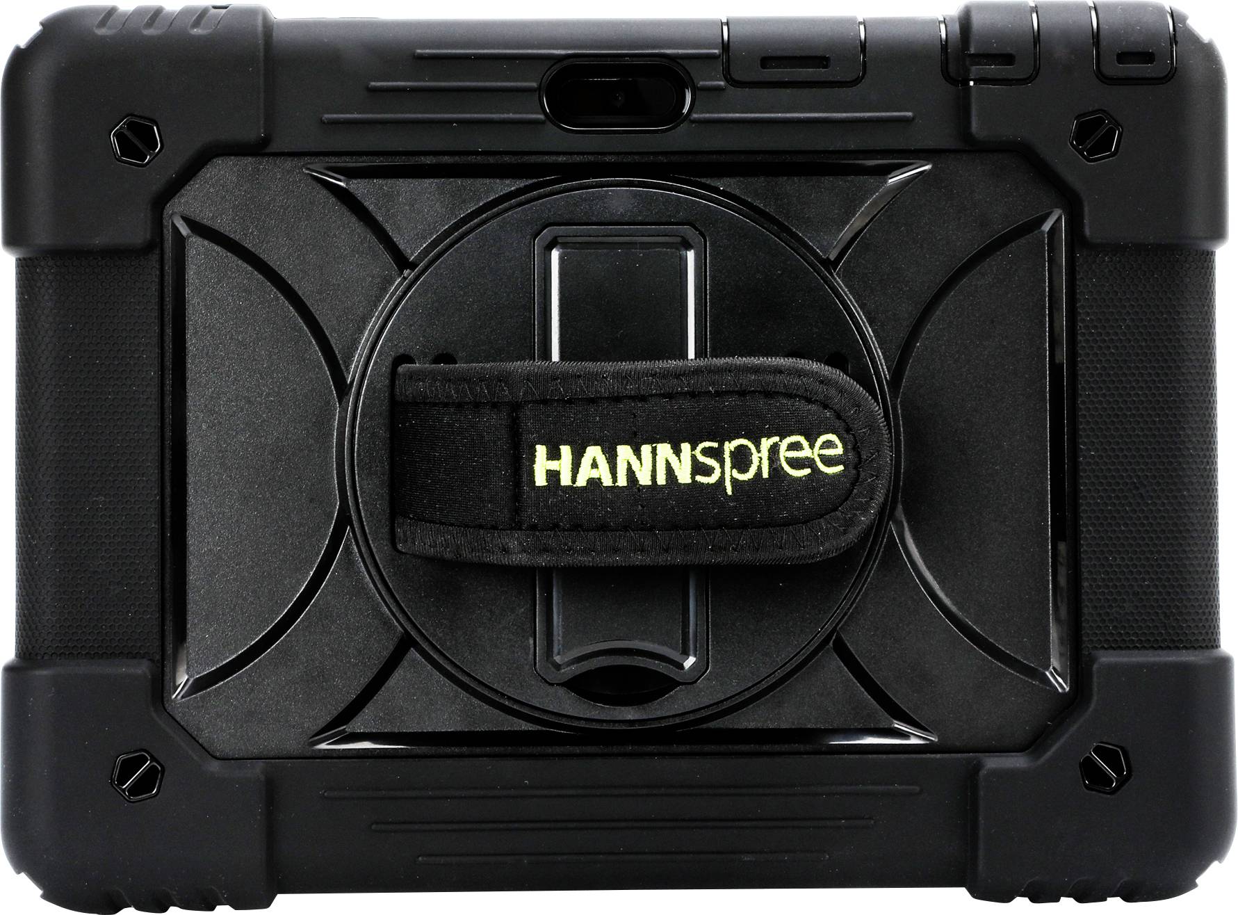 Robustes schwarzes Gehäuse mit Textilgurt und der Aufschrift 'HANNspree', wahrscheinlich für den Schutz eines Tablets.