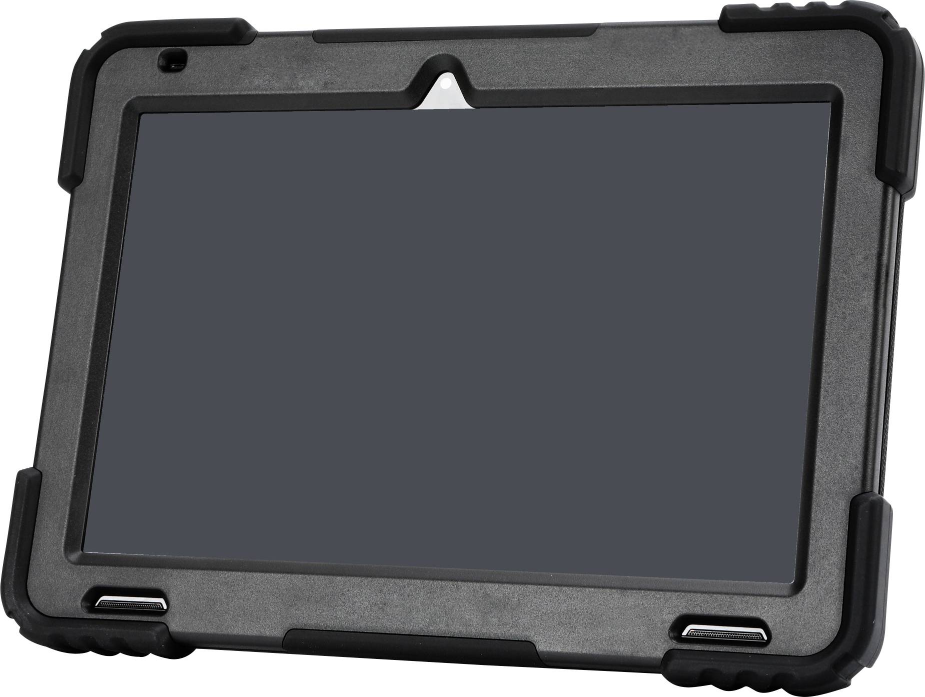 Ein robustes, schwarzes Tablet in einer Schutzhülle. Der Bildschirm ist dunkel, und das Gerät wirkt widerstandsfähig und langlebig.