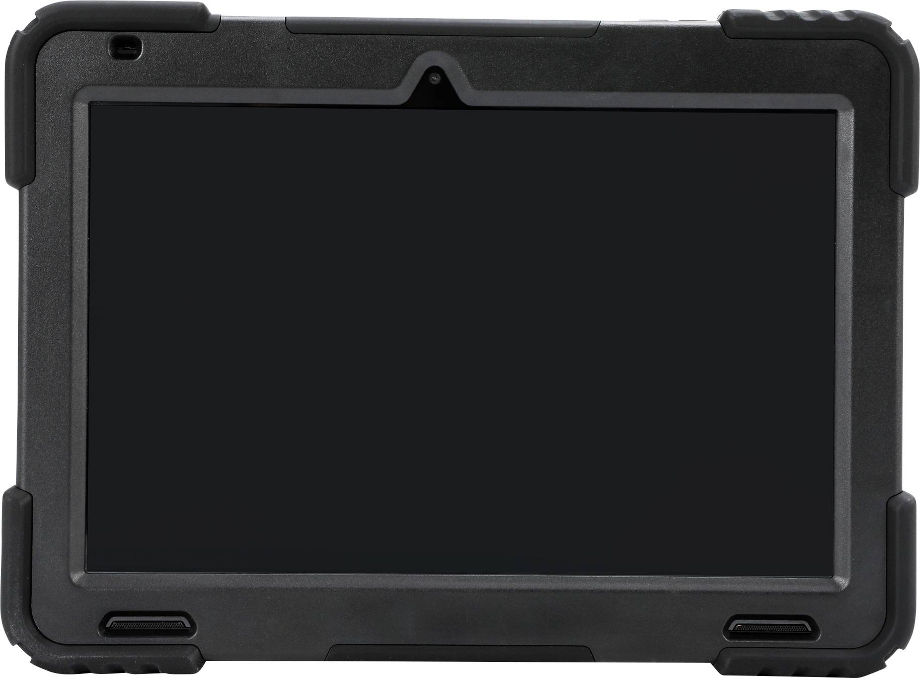Robustes, schwarz umrandetes Tablet mit bruchsicherem Display, geeignet für industrielle oder raue Umgebungen.