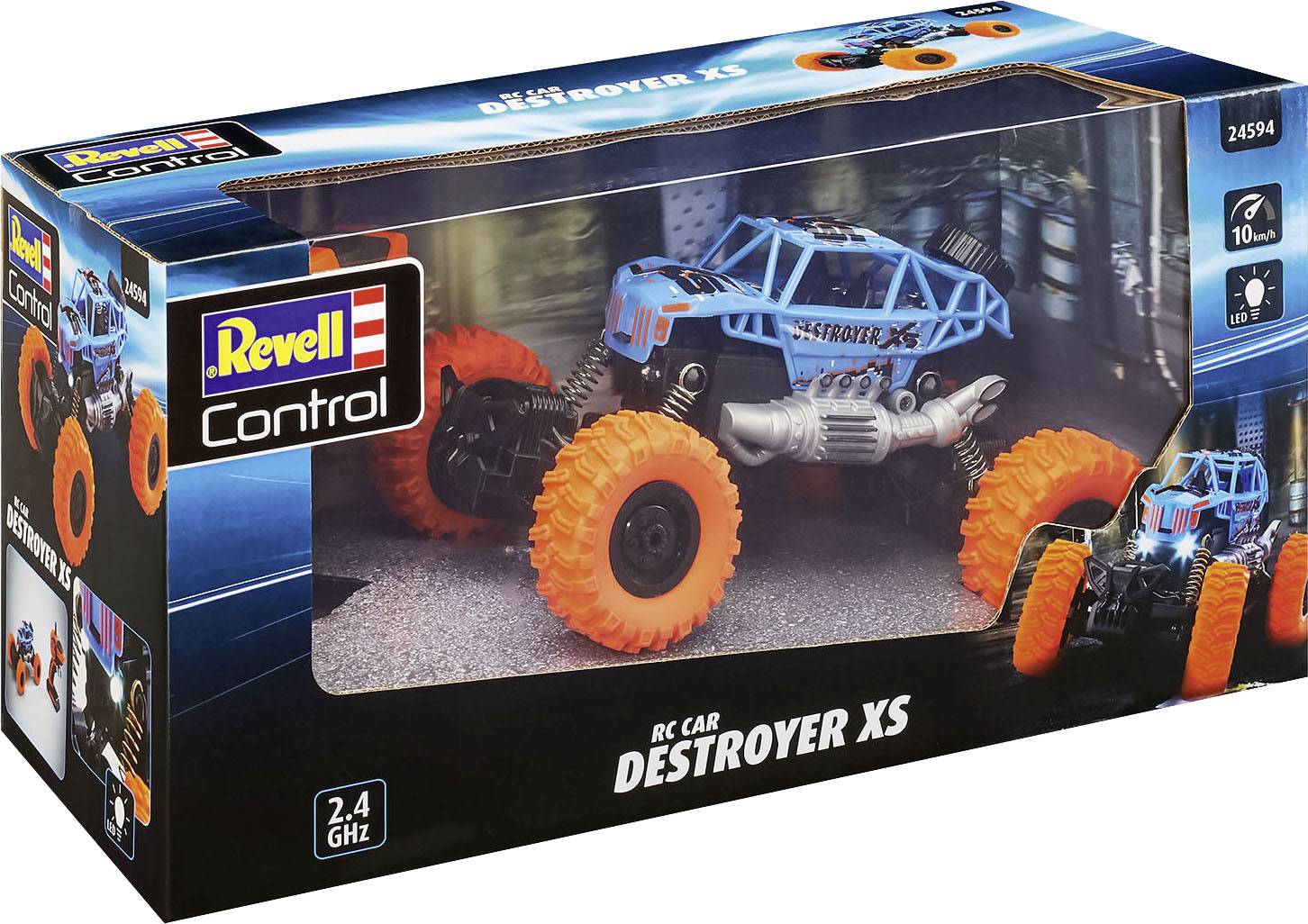'RC Car Destroyer XS' in blau mit großen orangefarbenen Rädern, in Originalverpackung von Revell Control, 2,4 GHz, ab 10 Jahren.