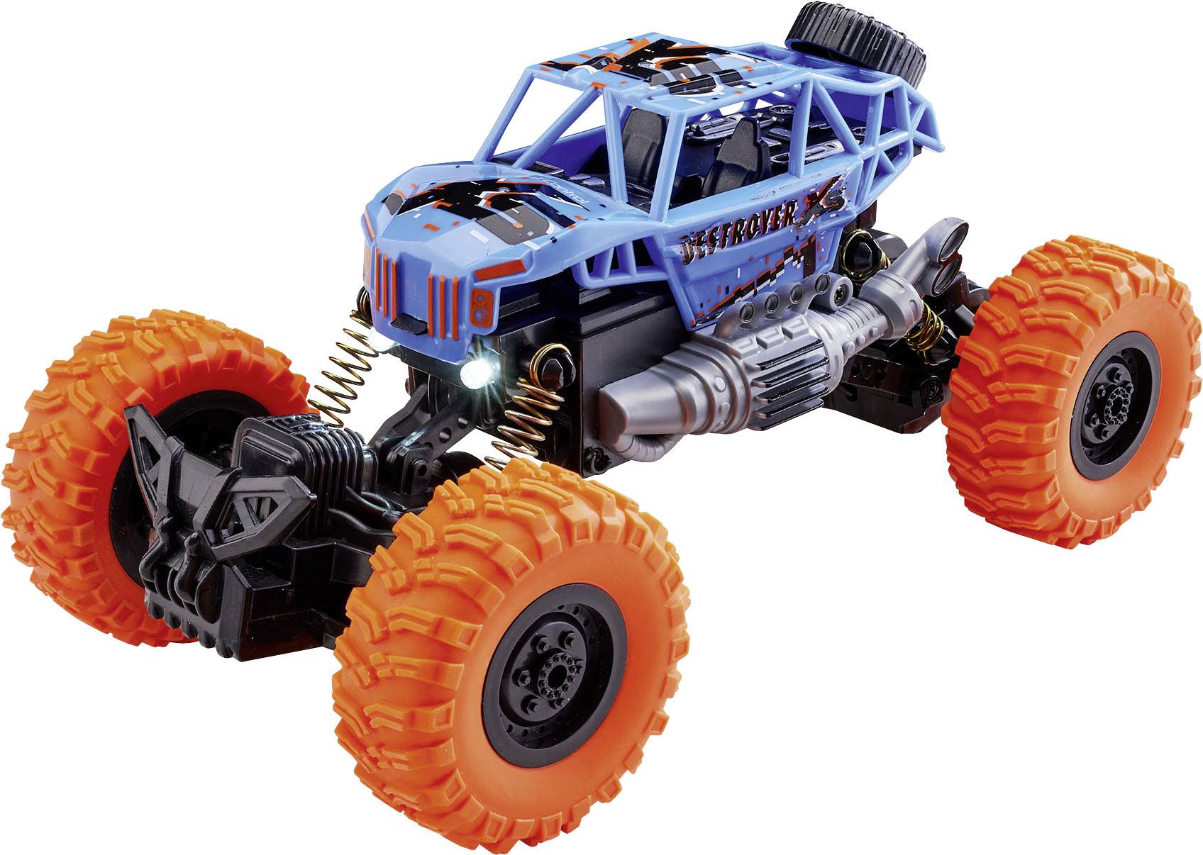 Spielzeugauto mit blauer Karosserie und orangefarbenen Reifen. Grobe Federung und ausdrucksstarke Details heben das Design hervor.