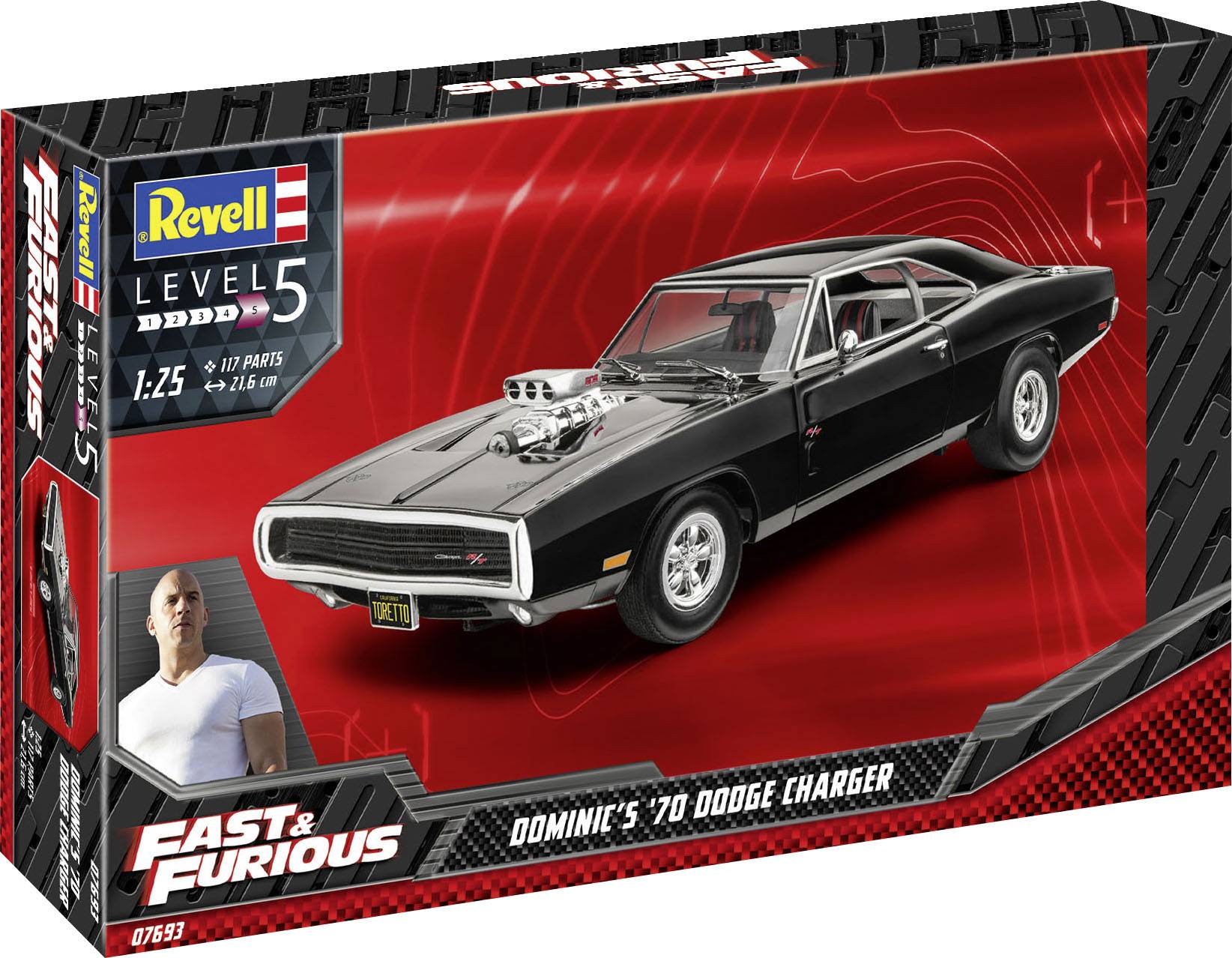 Modellbausatz-Verpackung von Revell: 'Dominic's '70 Dodge Charger'. Maßstab 1:25, Level 5. Bild eines schwarzen Sportwagens.