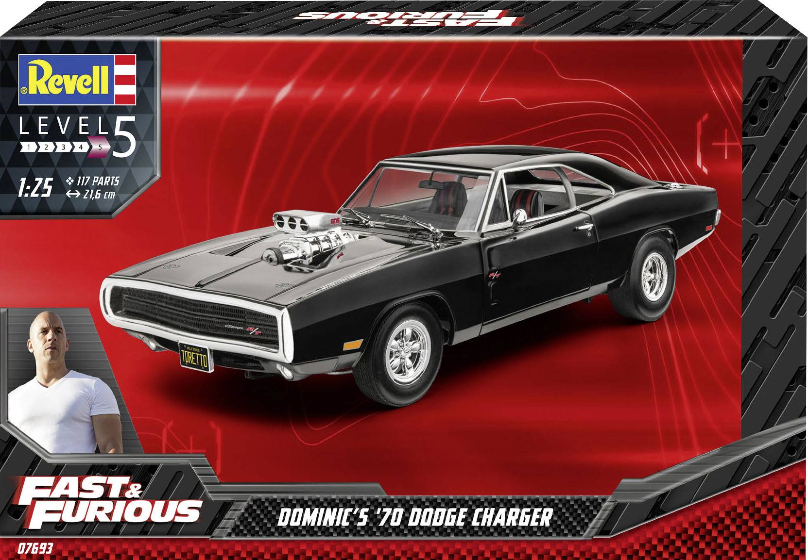 Modellbaukasten von Revell eines '70 Dodge Charger aus Fast & Furious. Auf der Verpackung ein Bild des Autos und ein Filmcharakter.