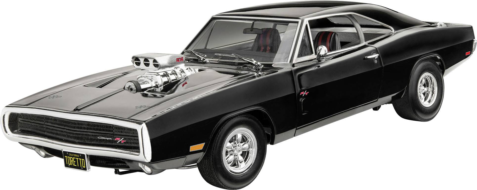 Ein schwarzes, sportliches Auto im Retro-Stil mit auffälligem Motor auf der Motorhaube, präsentiert sich von der Seite.