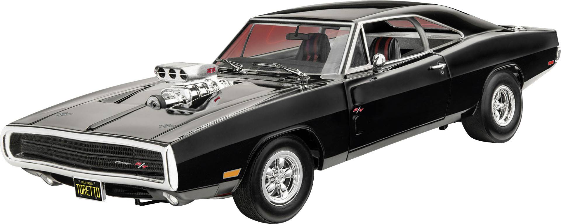 Schwarzer Oldtimer mit sportlichem Design, verchromtem Motorblock, roten Sitzen und gelbem Nummernschild.