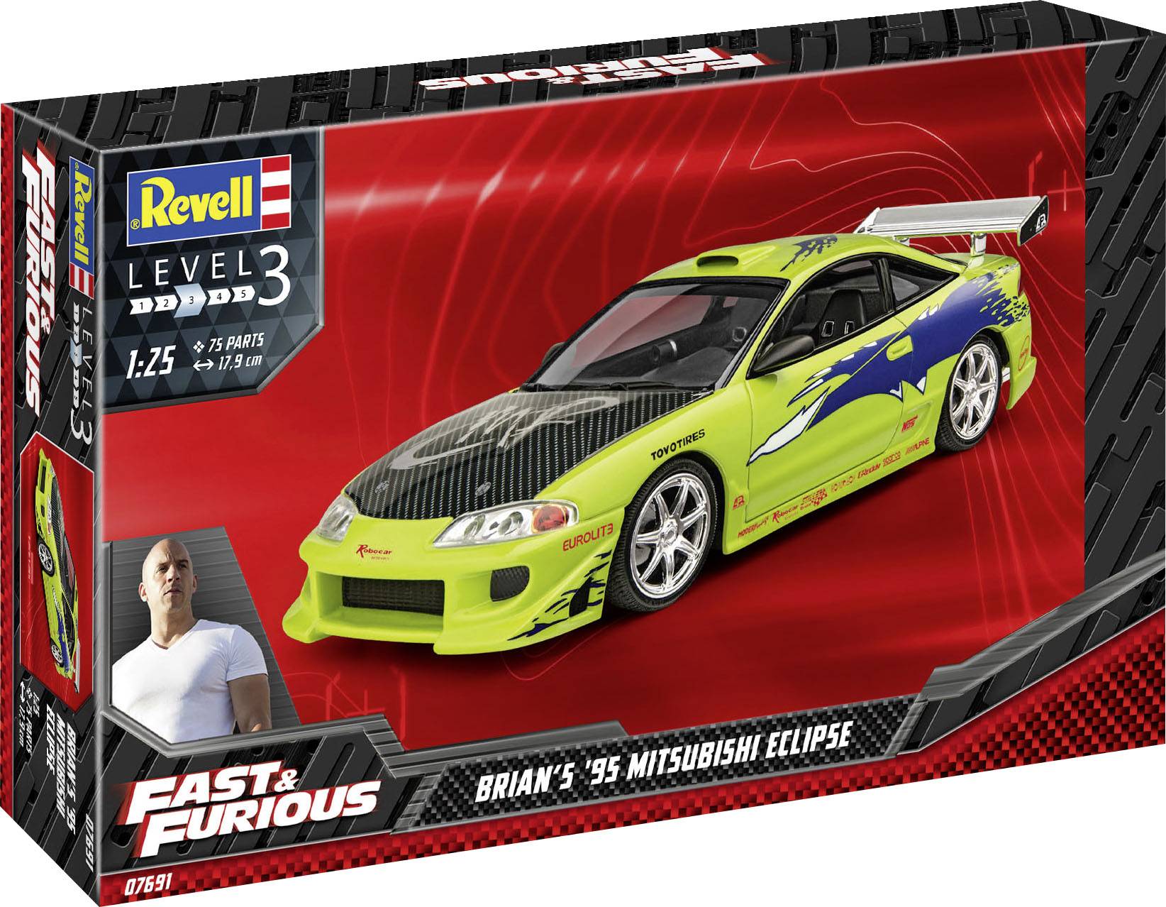 Revell-Modellbausatz 'Brian's '95 Mitsubishi Eclipse' aus Fast & Furious, Level 3. Grüner Sportwagen mit blauen Aufklebern.