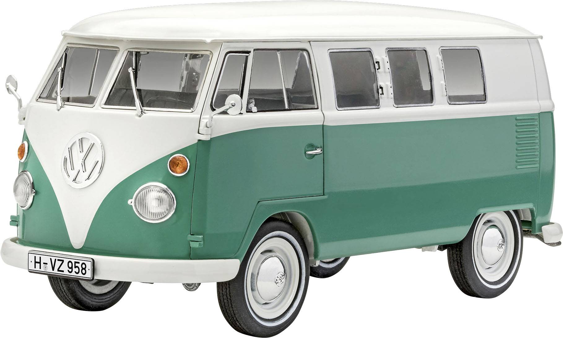 Klassischer grüner und weißer VW-Bus mit runden Scheinwerfern und Retro-Design, geeignet für nostalgische Reisen oder Sammlungen.