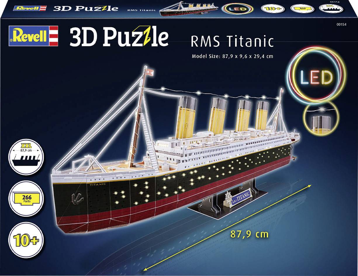 '3D-Puzzle der RMS Titanic mit LED-Beleuchtung von Revell, Modellgröße 87,9 x 9,6 x 29,4 cm, 266 Teile, geeignet ab 10 Jahren.'