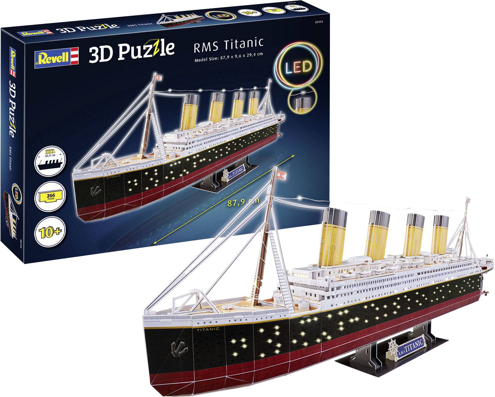 3D-Puzzle-Modell der 'RMS Titanic' von Revell, geeignet für Personen ab 10 Jahren. Set enthält LED-Lichter. Modellabmessungen: 87,9 cm Länge. Verpackung zeigt fertiges Modell.