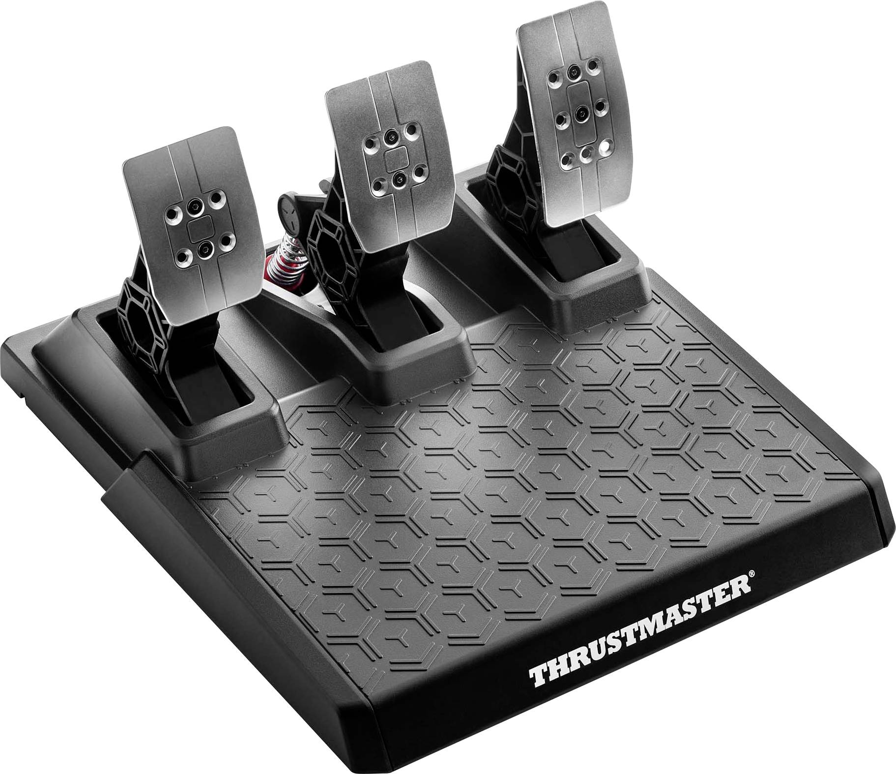 'Dreifaches Pedal-Set aus Metall von Thrustmaster für Rennsimulation, mit Gas-, Brems- und Kupplungspedalen, auf schwarzer Basis montiert.'
