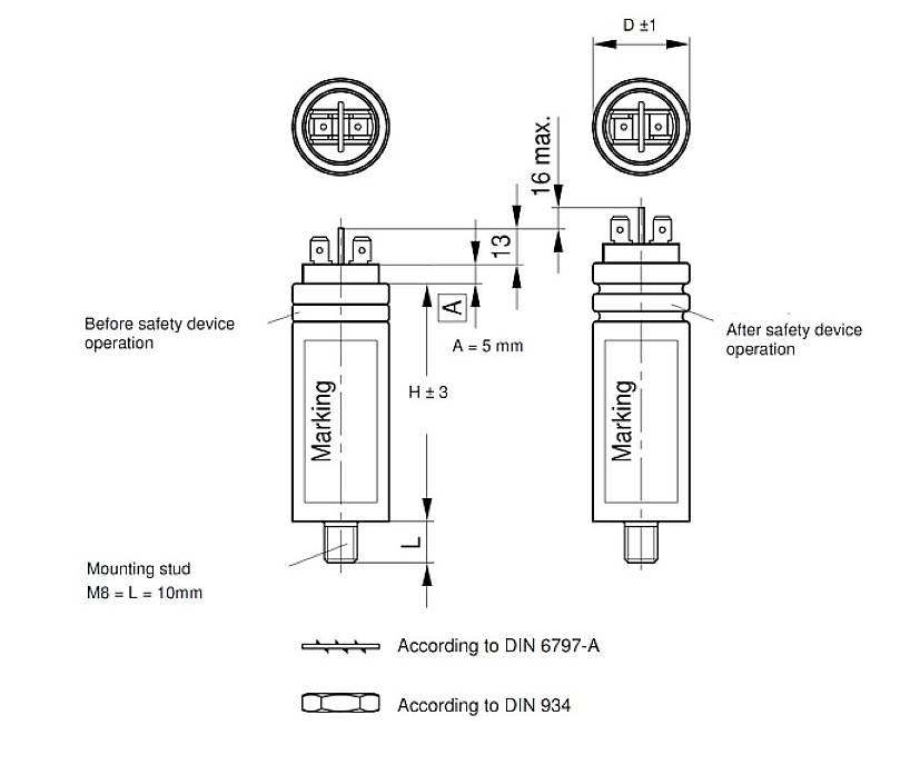 Technische Zeichnung eines Sicherheitsventils: zeigt Maße und Beschriftungen wie 'Before safety device operation', 'After safety device operation'.