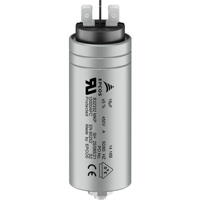 Ein zylindrischer Kondensator mit technischen Spezifikationen aufgedruckt, darunter Kapazität 18µF, Spannung 450V und Herstellerangaben.