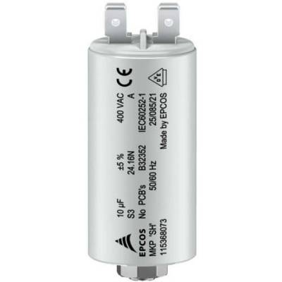 Ein zylindrischer Kondensator mit Aufschrift '10 µF, 400 VAC, 50/60 Hz, Made by EPCOS', geeignet für elektrische Anwendungen.