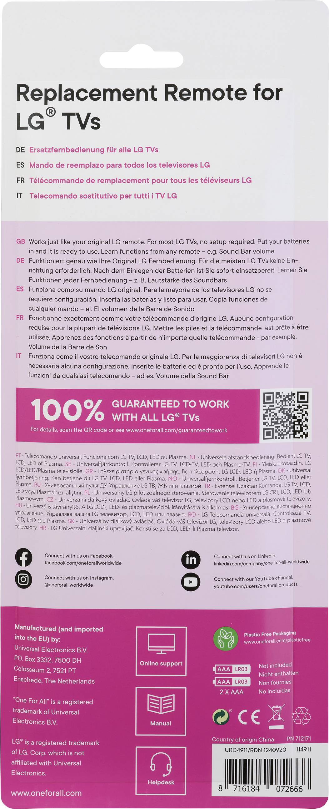 'Replacement Remote for LG TVs' - Universalfernbedienung in Pinkverpackung, 100% Garantie, kompatibel mit allen LG TV-Modellen. Enthält QR-Code.