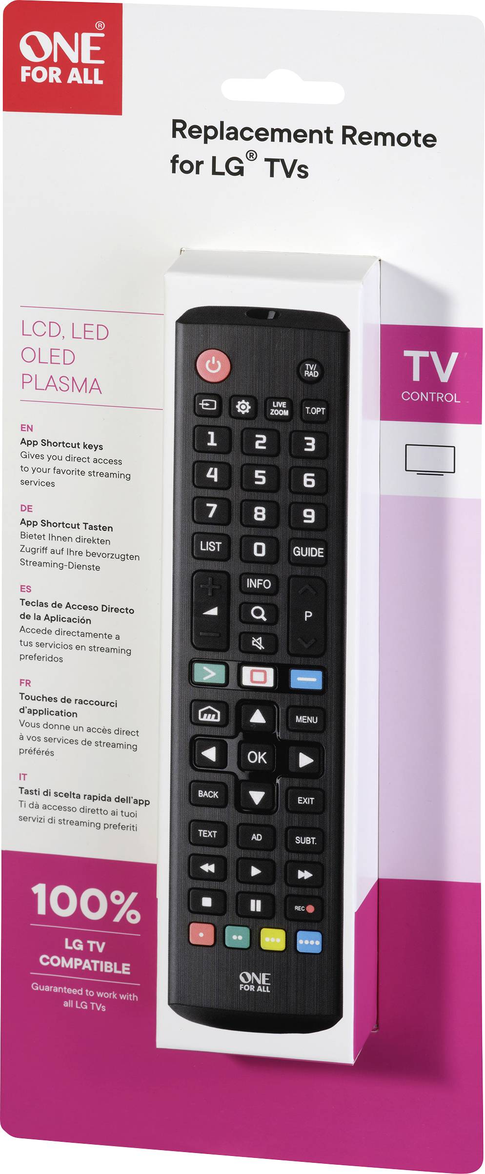 Fernbedienung für LG-Fernseher auf einer Verpackung. Oben steht 'Replacement Remote for LG TVs'. Markenname 'One For All' sichtbar.