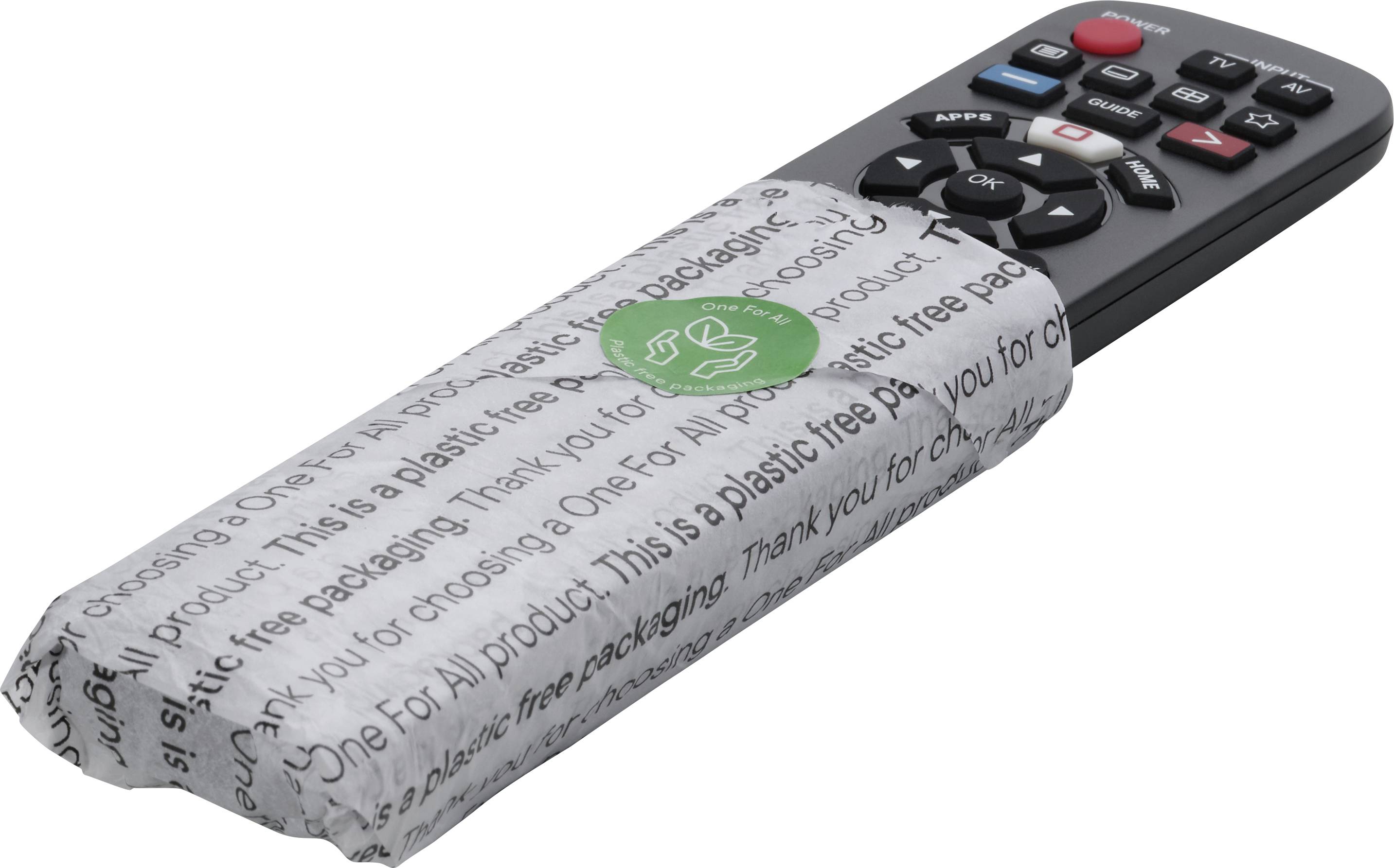 Fernbedienung in plastikfreier Verpackung mit grünem Recycling-Symbol, umweltfreundlich verpackt, textbedruckt mit 'Thank you for choosing'.