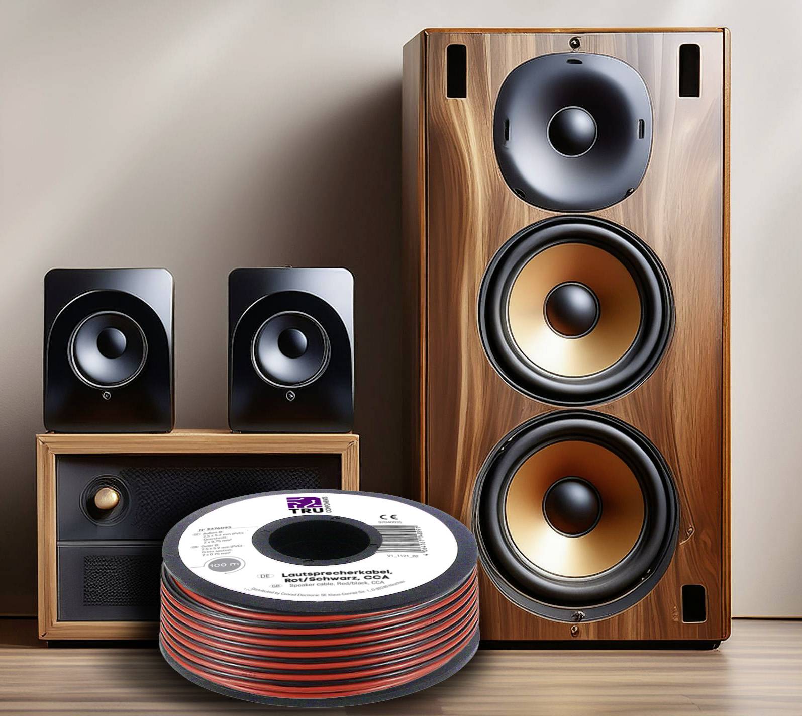 Zwei Lautsprecher in Holzoptik, ein kleinerer Lautsprecher auf einem schwarzen Gerät und eine Rolle Lautsprecherkabel in modernem Design.