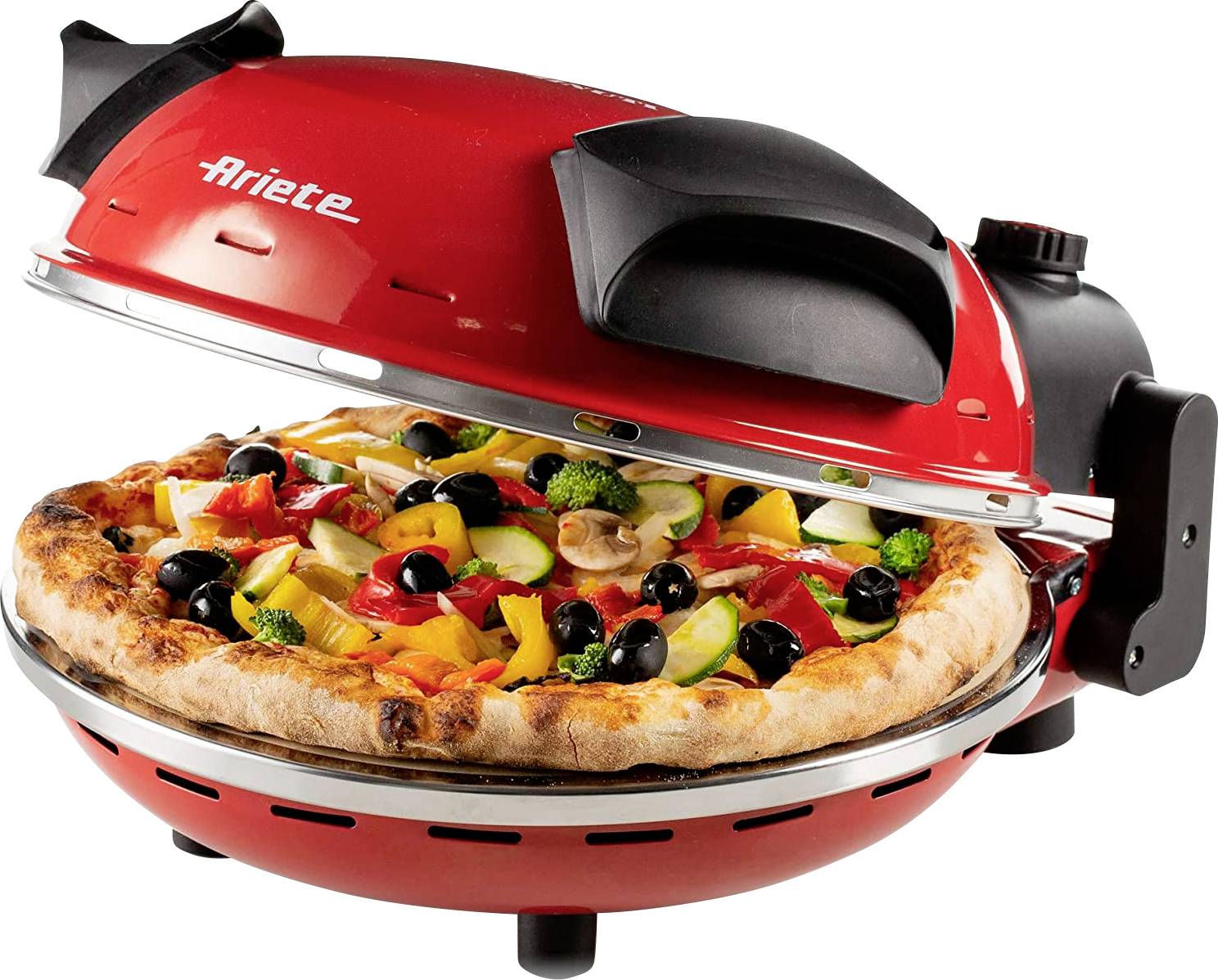 DE LONGHI Ariete Pizzaofen 909, rot 4-Minuten-Pizza, Pizzaofen mit 5 Garstufen, Feuerfeste Platte zu