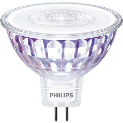 Diese Abbildung zeigt eine durchsichtige LED-Lampe mit einem GU5.3-Sockel von der Marke Philips.