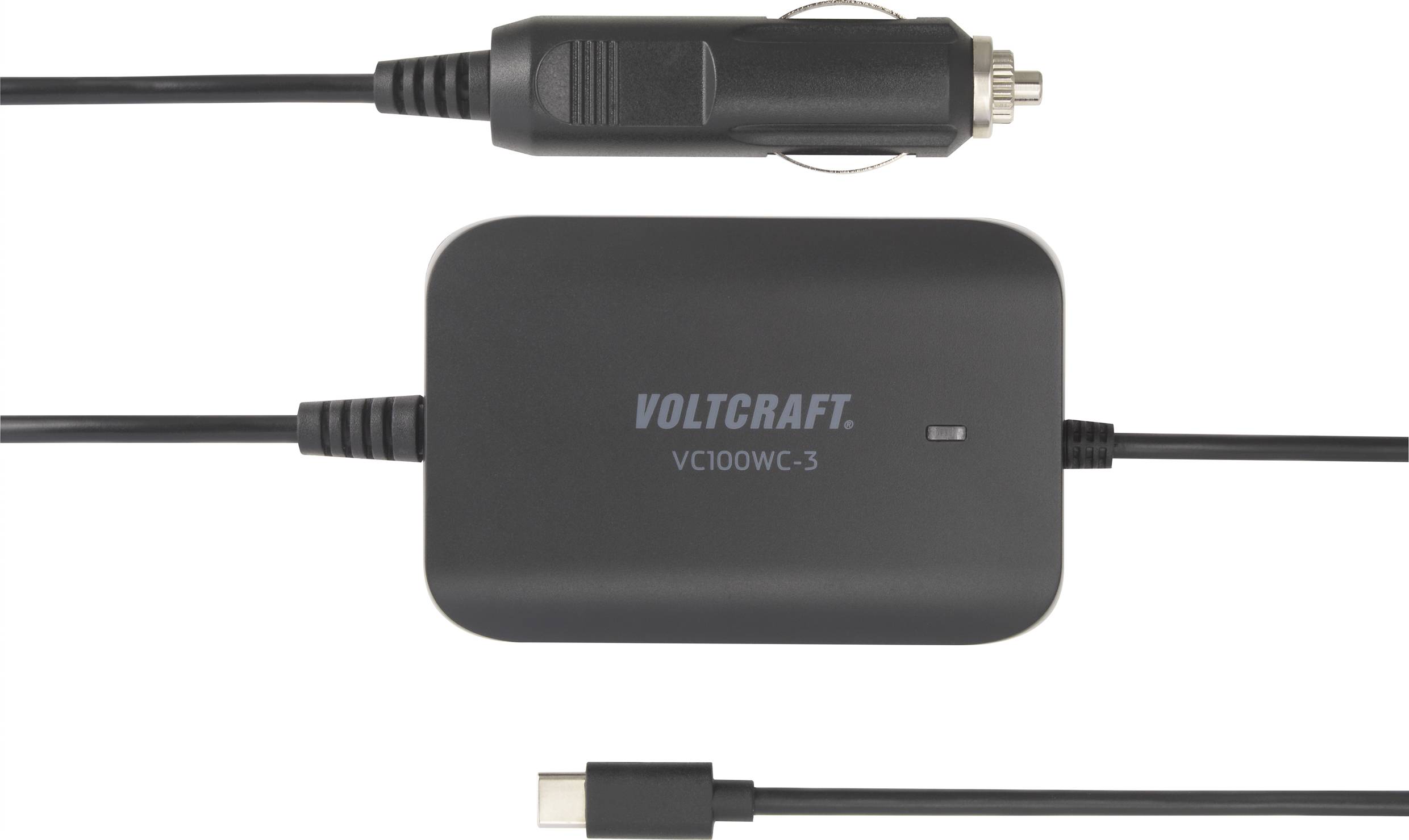 Ladegerät Voltcraft VC100WC-3 mit Kfz-Stecker und USB-C-Kabel.