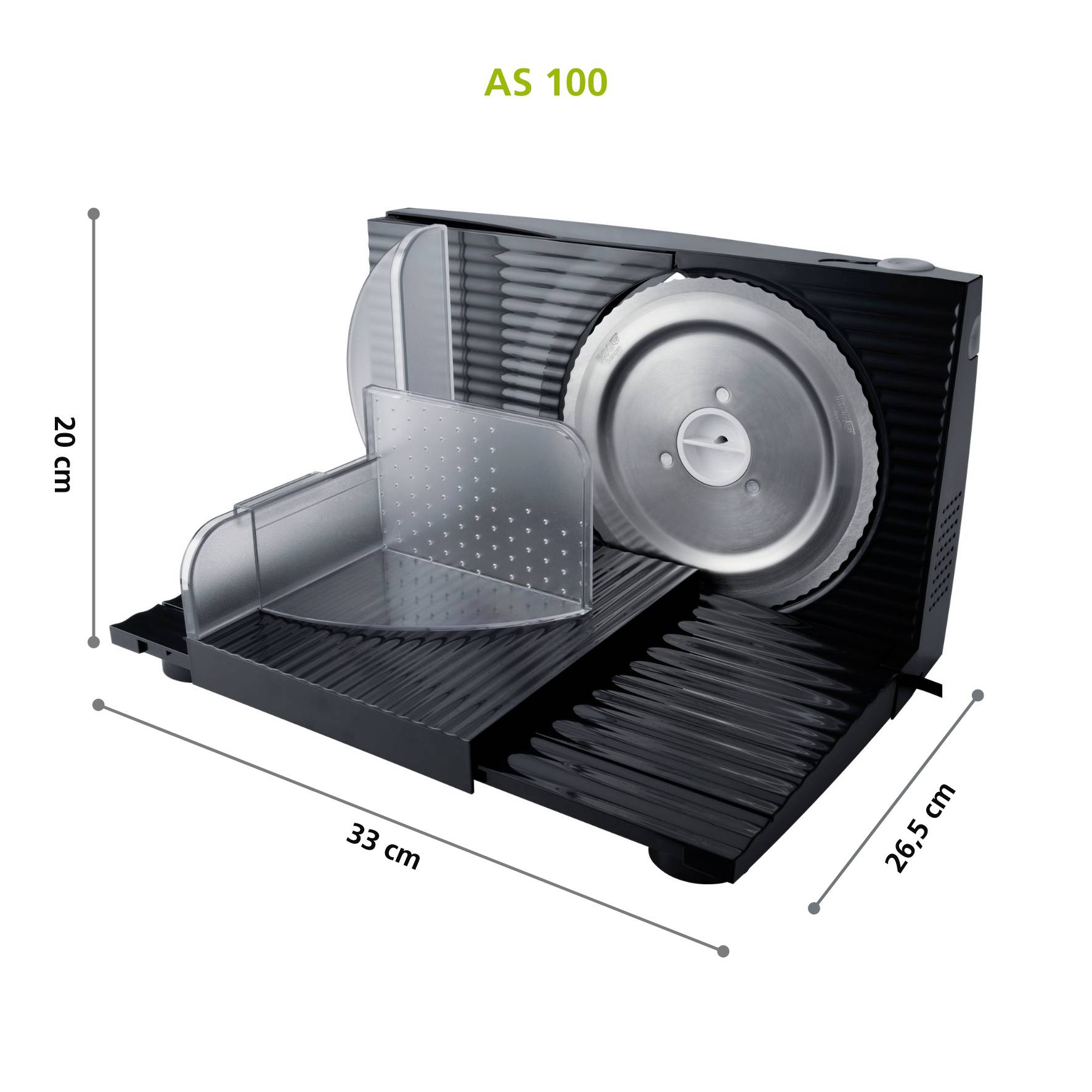 Kompakte Allesschneidemaschine in Schwarz. Maße sind 20 cm hoch, 33 cm breit und 26,5 cm tief.