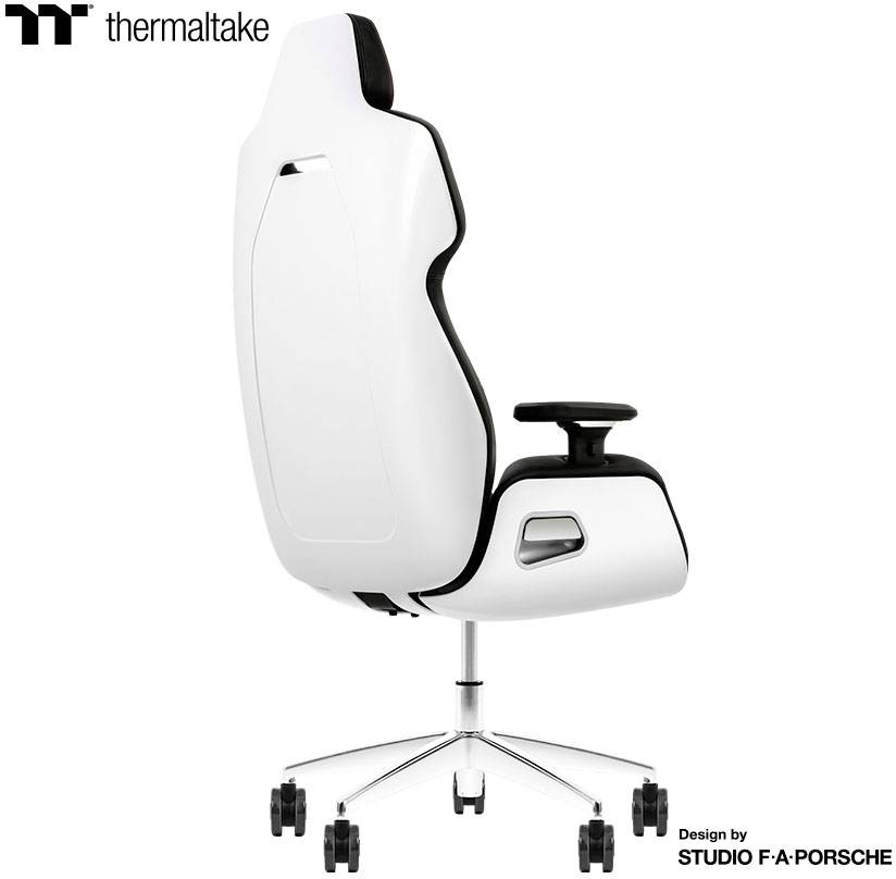 Ein ergonomischer Bürostuhl in Weiß und Schwarz von Thermaltake, entworfen von Studio F. A. Porsche.