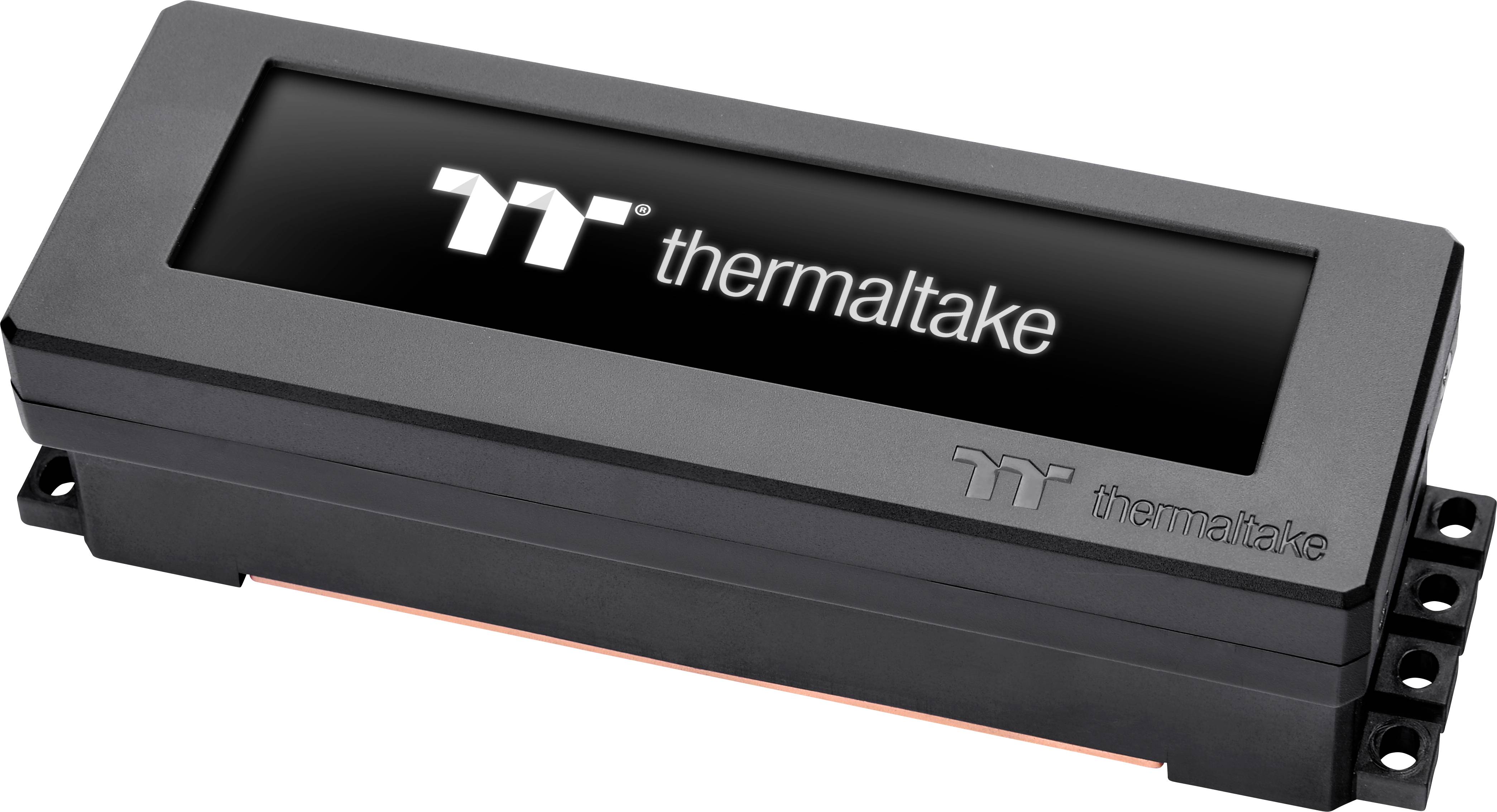 Ein rechteckiges elektrisches Gerät mit dem Logo und Name 'thermaltake' darauf. Es scheint ein technisches Bauteil zu sein.