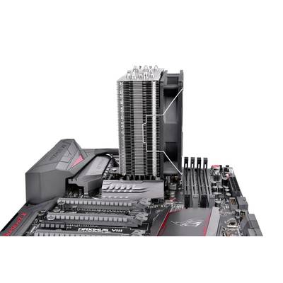 Ein Computer-Mainboard mit einem großen, vertikal montierten CPU-Kühler, mehreren RAM-Steckplätzen und Erweiterungsslots.