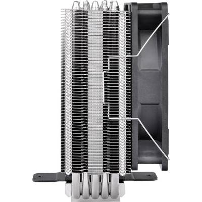 Ein CPU-Kühler mit mehreren Aluminium-Lamellen und einem seitlich angebrachten Lüfter zur Wärmeableitung.