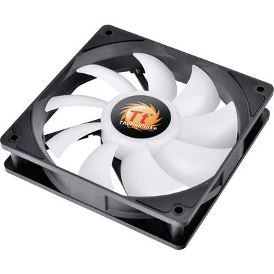 Ein schwarzer Computerlüfter mit weißen Flügeln; in der Mitte befindet sich das rot-orange Thermaltake-Logo.