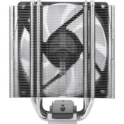 Ein großer Kühler mit mehreren Aluminiumlamellen und einem zentralen Lüfter zur Kühlung in einem Computergehäuse.