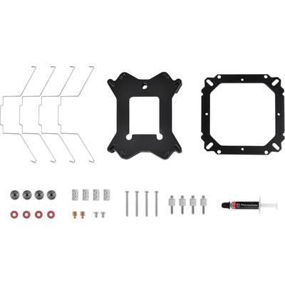 Montagezubehör-Set für Computerkühler, bestehend aus Metallhalterungen, Schrauben, Abstandshaltern und Wärmeleitpaste.
