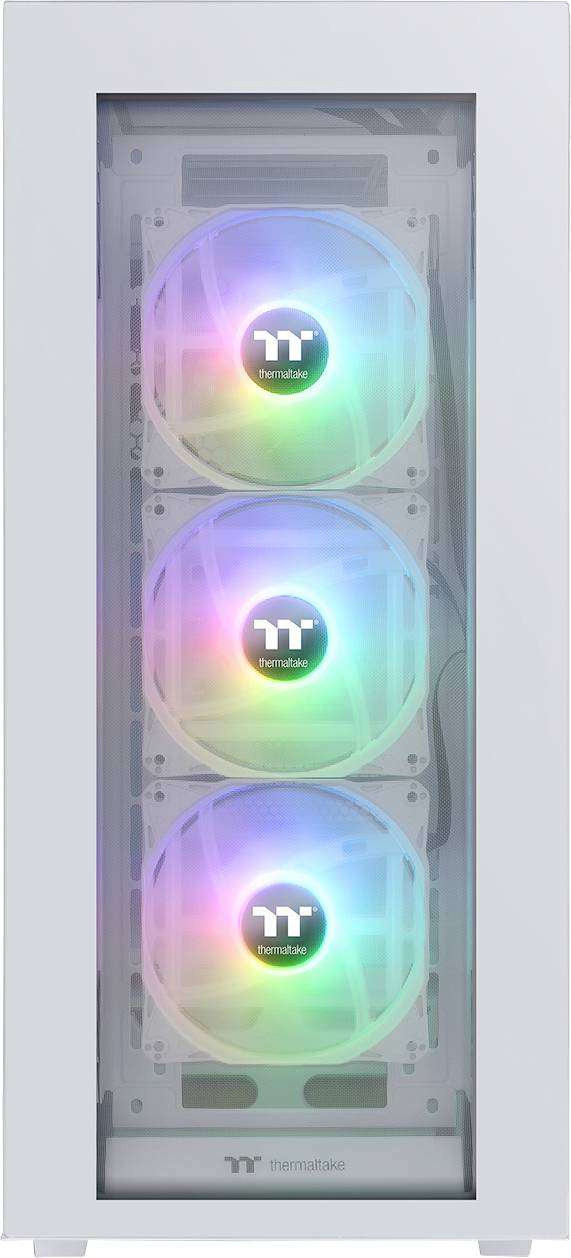 Ein weißes Computergehäuse mit drei leuchtenden Lüftern, die in verschiedenen Farben leuchten, sichtbar durch die Glasfront.