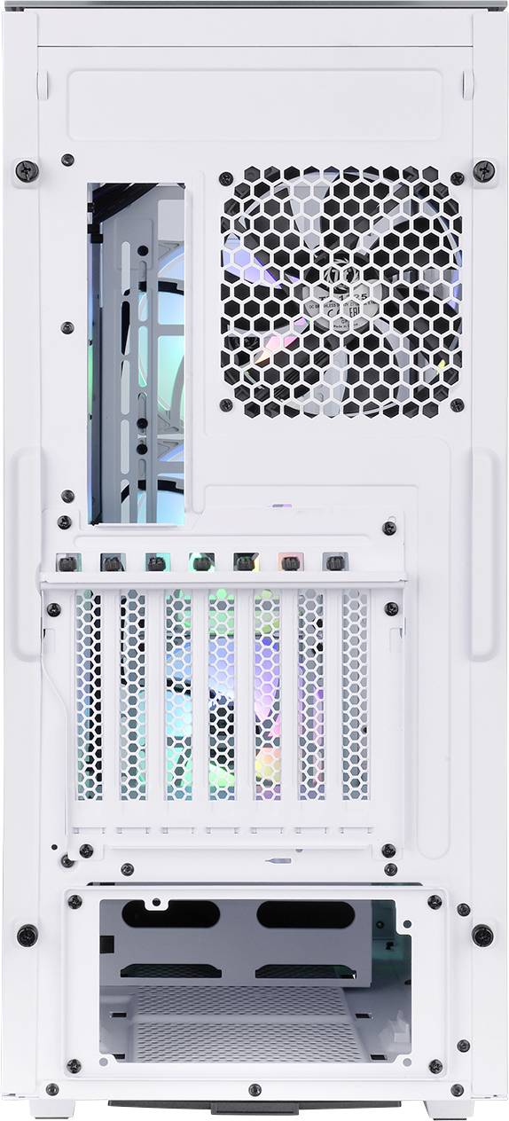 Weiße Computerrückseite mit sichtbarem Lüfter, mehreren Erweiterungssteckplätzen und Anschlüssen. Ventilatorgitter oben.
