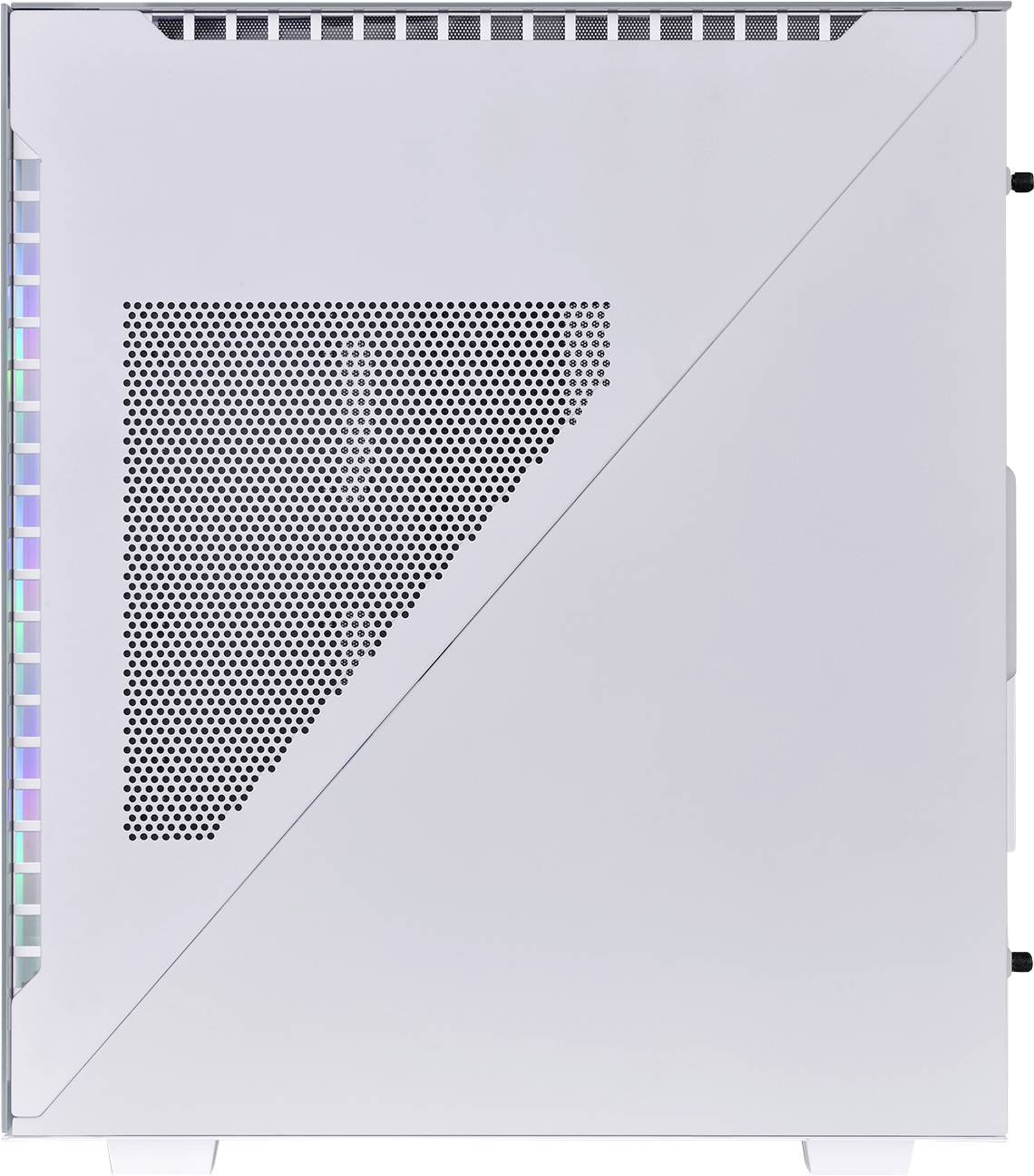 'Seitliche Ansicht eines weißen Computergehäuses mit perforiertem Muster und sichtbaren RGB-Lichtern im Inneren.'