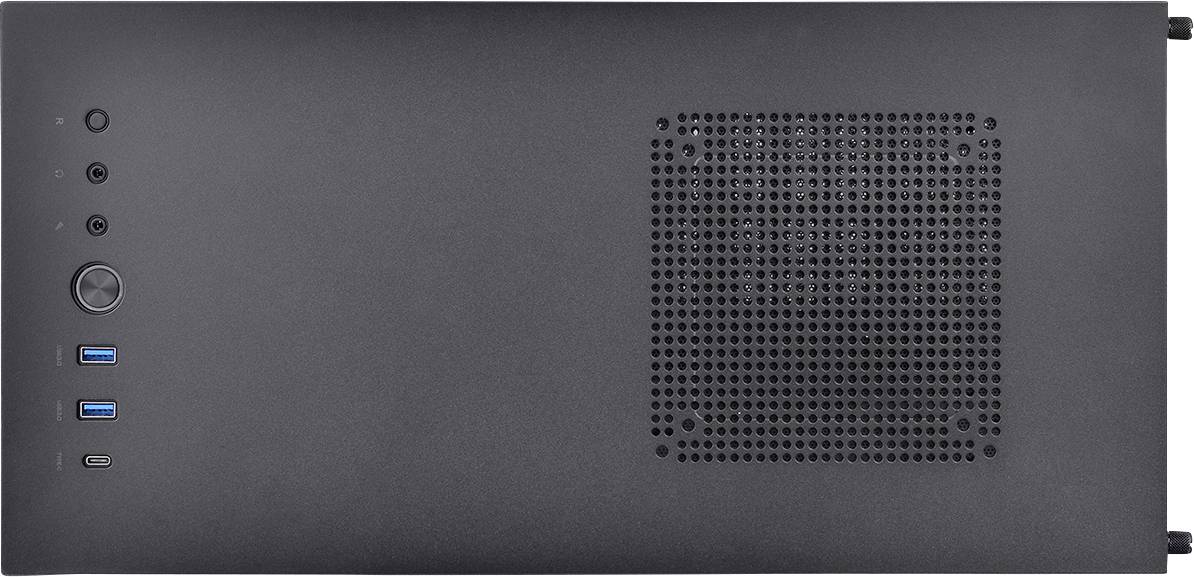 Schwarzes Computergehäuse mit seitlichem Lüftungsgitter und Anschlussmöglichkeiten: USB-Ports, Audiobuchsen und Power-Taste.