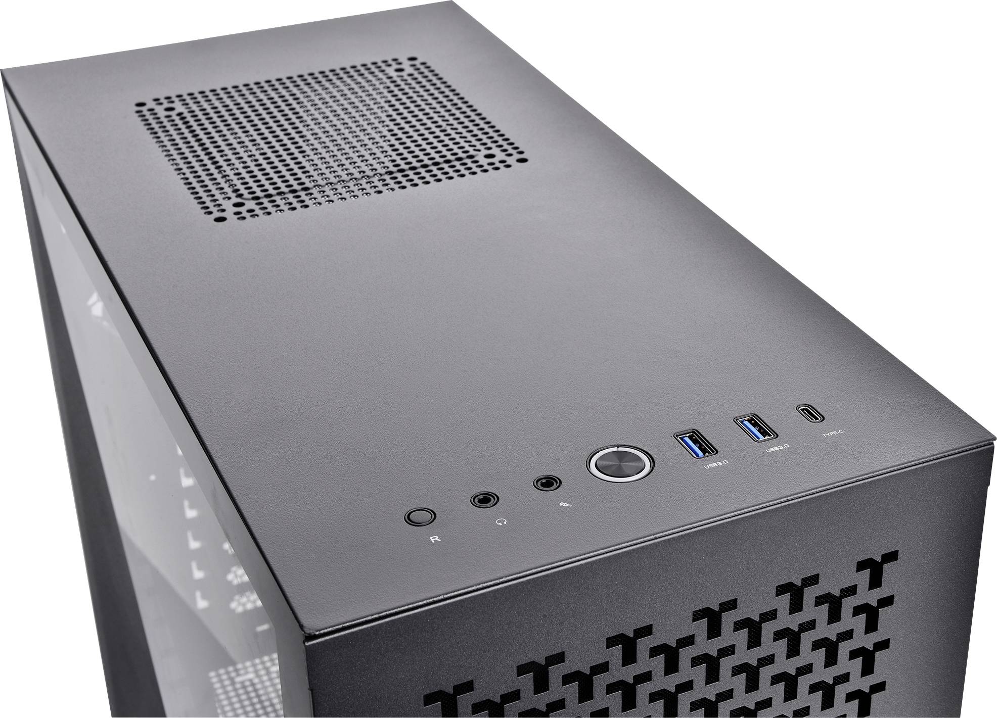 Schwarzer Computergehäusedeckel mit Lüftungsschlitzen und vier Anschlüssen, darunter USB-Anschlüsse und ein Netzschalter.