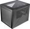 Schwarzes, würfelförmiges PC-Gehäuse mit transparenten Seiten, zeigt interne Komponenten und Lüfteröffnungen für Belüftung.