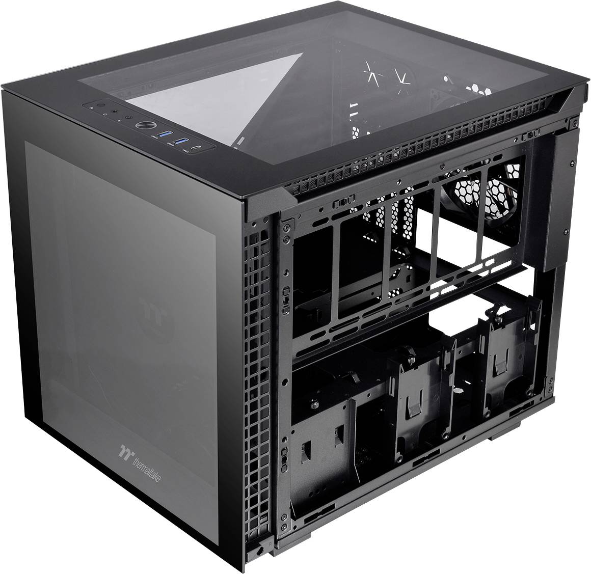 'Schwarzes, offenes PC-Gehäuse mit transparentem oberen Panel, zwei Ebenen für Hardware-Komponenten und Platz für Kühlungslüfter.'