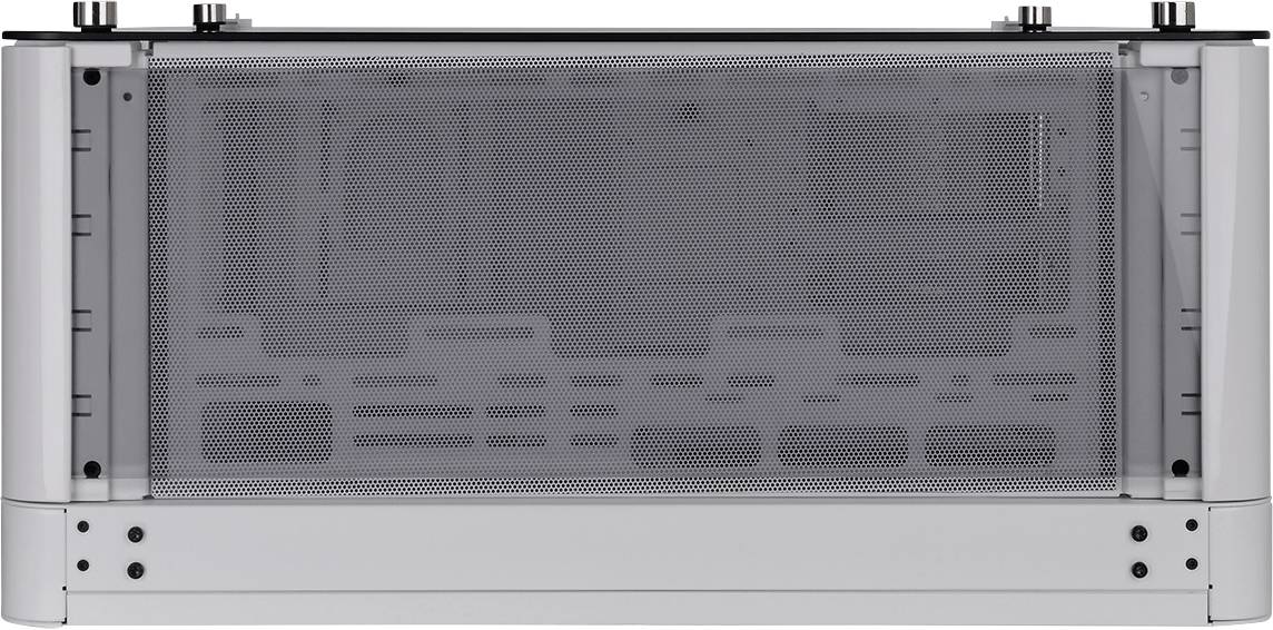 Rechteckiges, weißes Computergehäuse mit durchsichtiger, perforierter Seitenwand. Ideal für Desktop-PCs.